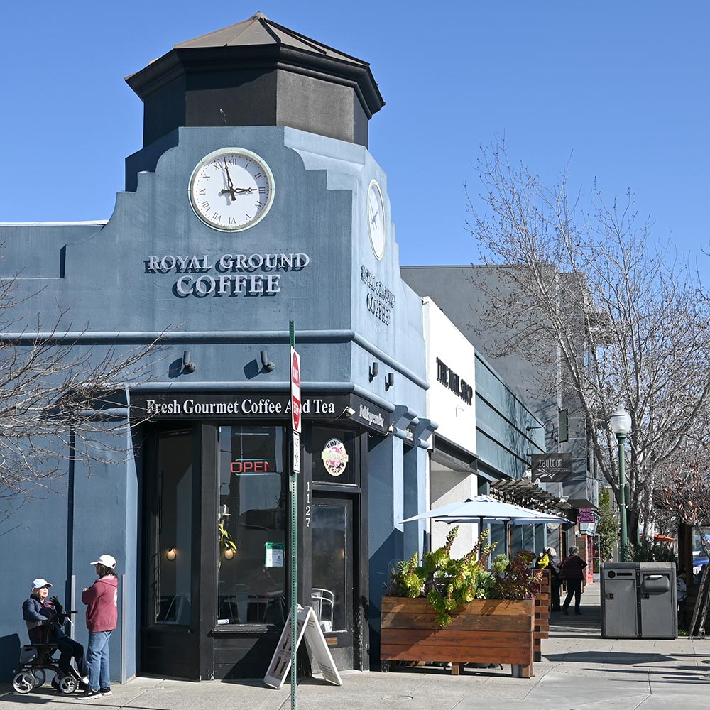 View down Solano Avenue in Albany featuring the café Royal Ground Coffee